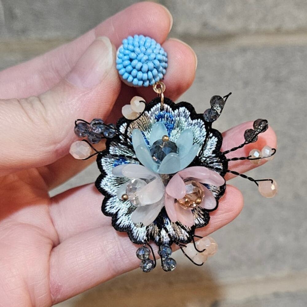 Boutique Artistic Embroidered Crystal Flower Earrings ~ Bold Boho Eclectic Shine
